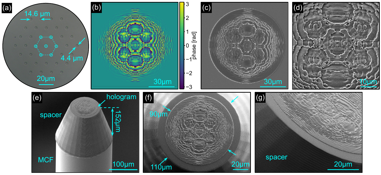 Fiber geometry, optimized phase, and microscopy images of the fabricated micro-optic